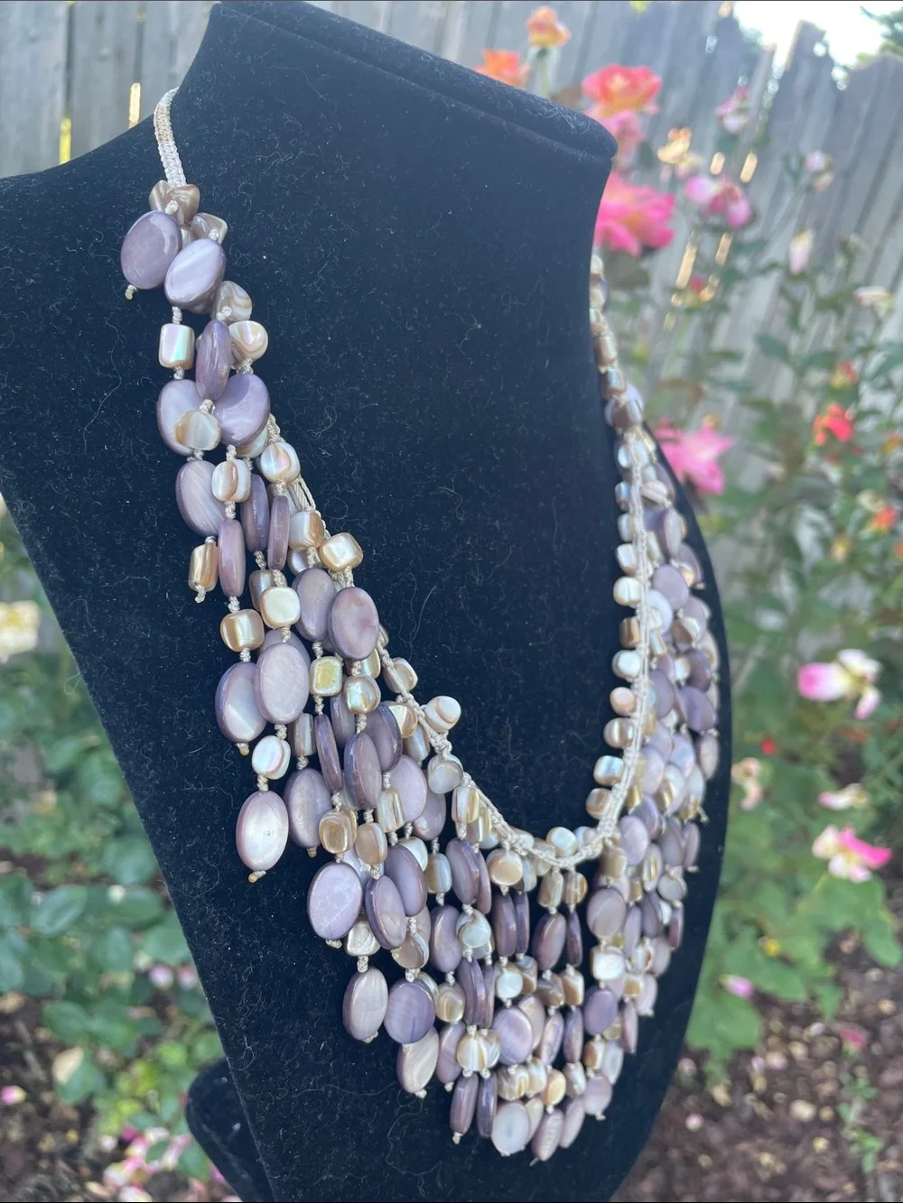 Mother of Pearl Bib Necklace purple and natural color